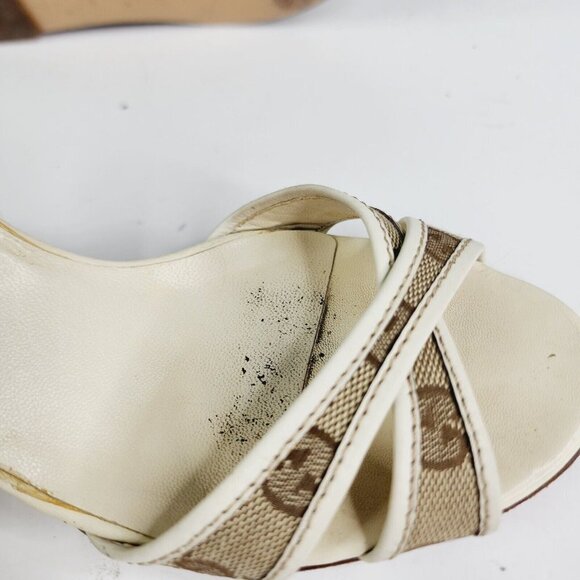 GUCCI Beige GG Canvas Monogram Cross Strap Wedge Ankle Strap Sandal Size 6.5 B - Picture 11 of 16